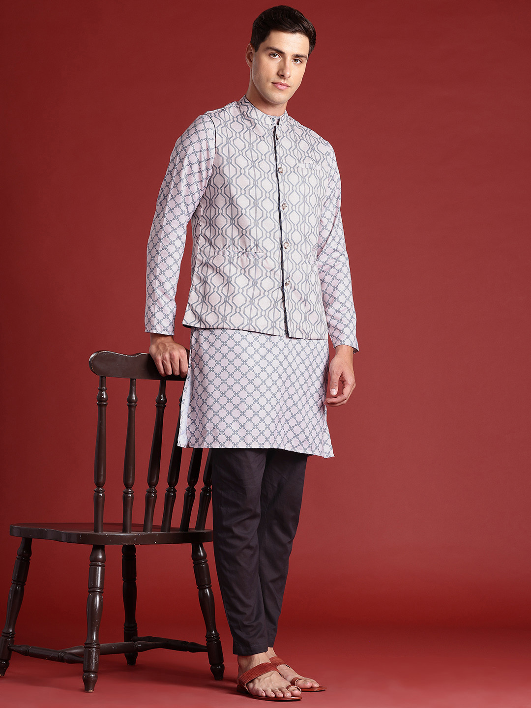Geometric Printed Kurta with Trousers And Nehru Jacket Set