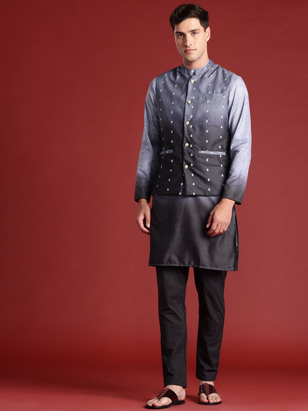 Geometric Printed Kurta with Trousers And Nehru Jacket Set