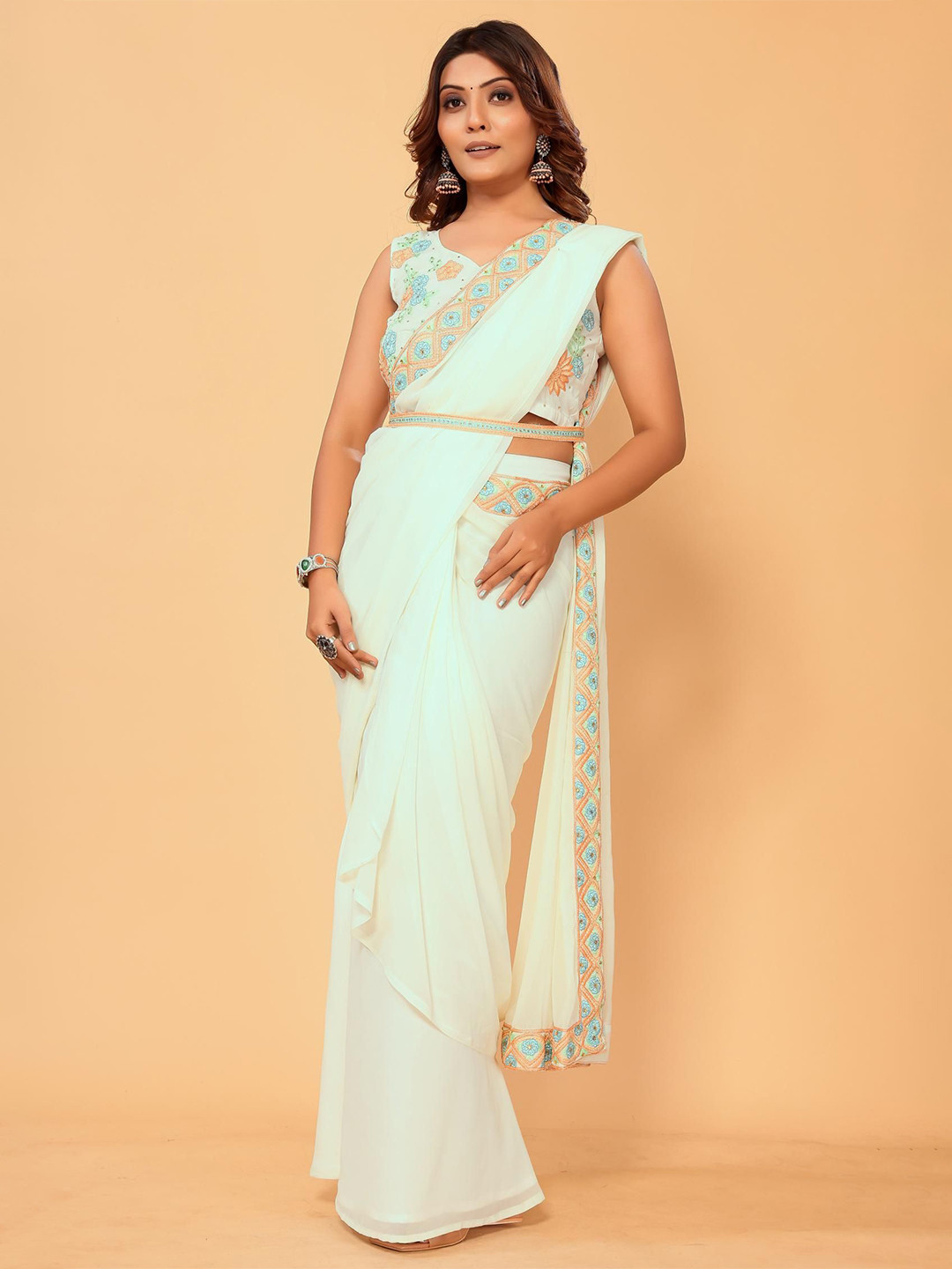 PATLANI STYLE Georgette Pre-stitched Saree with Embroidery Belt & Stitched blouse