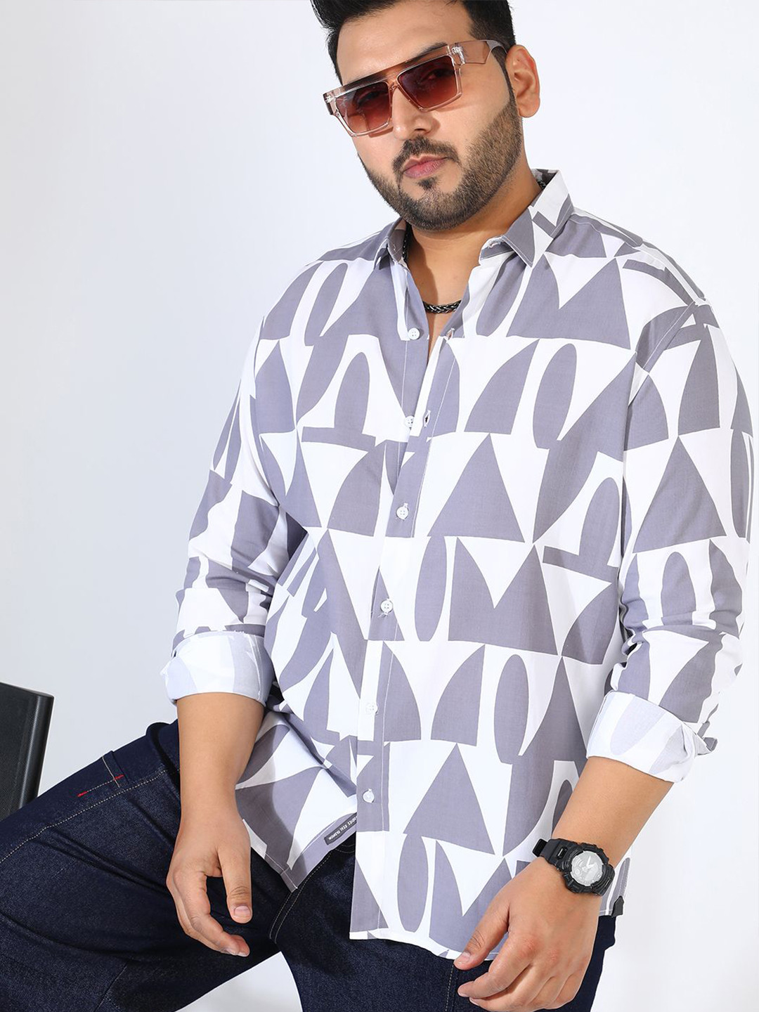 Instafab Plus Men Comfort Opaque Printed Casual Shirt SUM24_CSMSSRT5660PLUS-Grey
