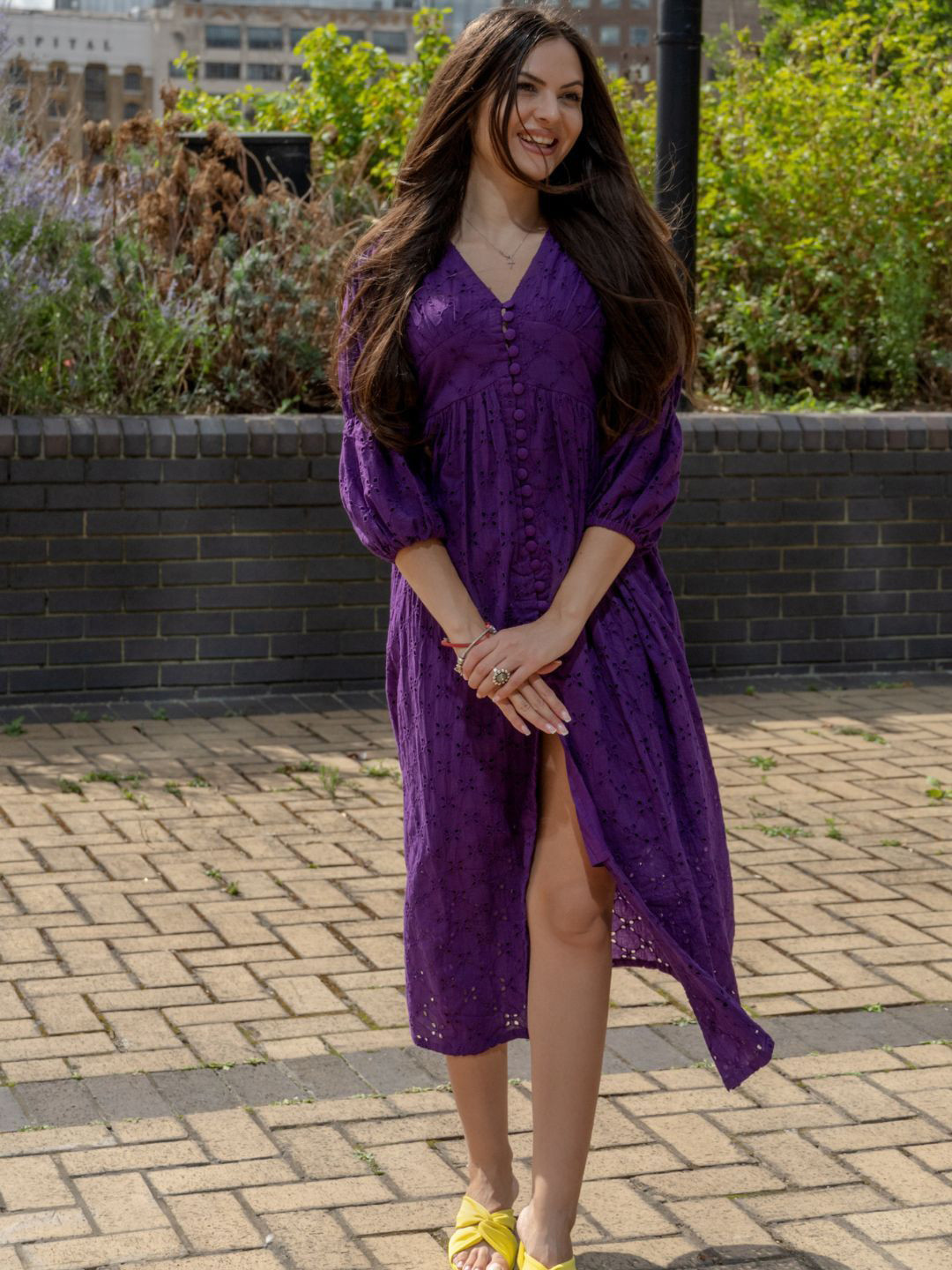 HOUSE OF JAMOTI V-Neck Schiffli A-Line Midi Dress