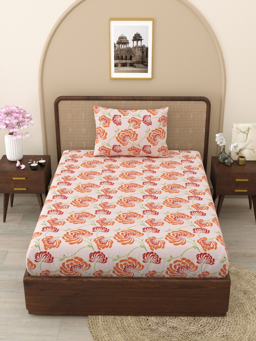 Ratan Cart Orange Floral Microfiber 130 TC Single Bedsheet with a Pillow Cover-90 x 55 inches