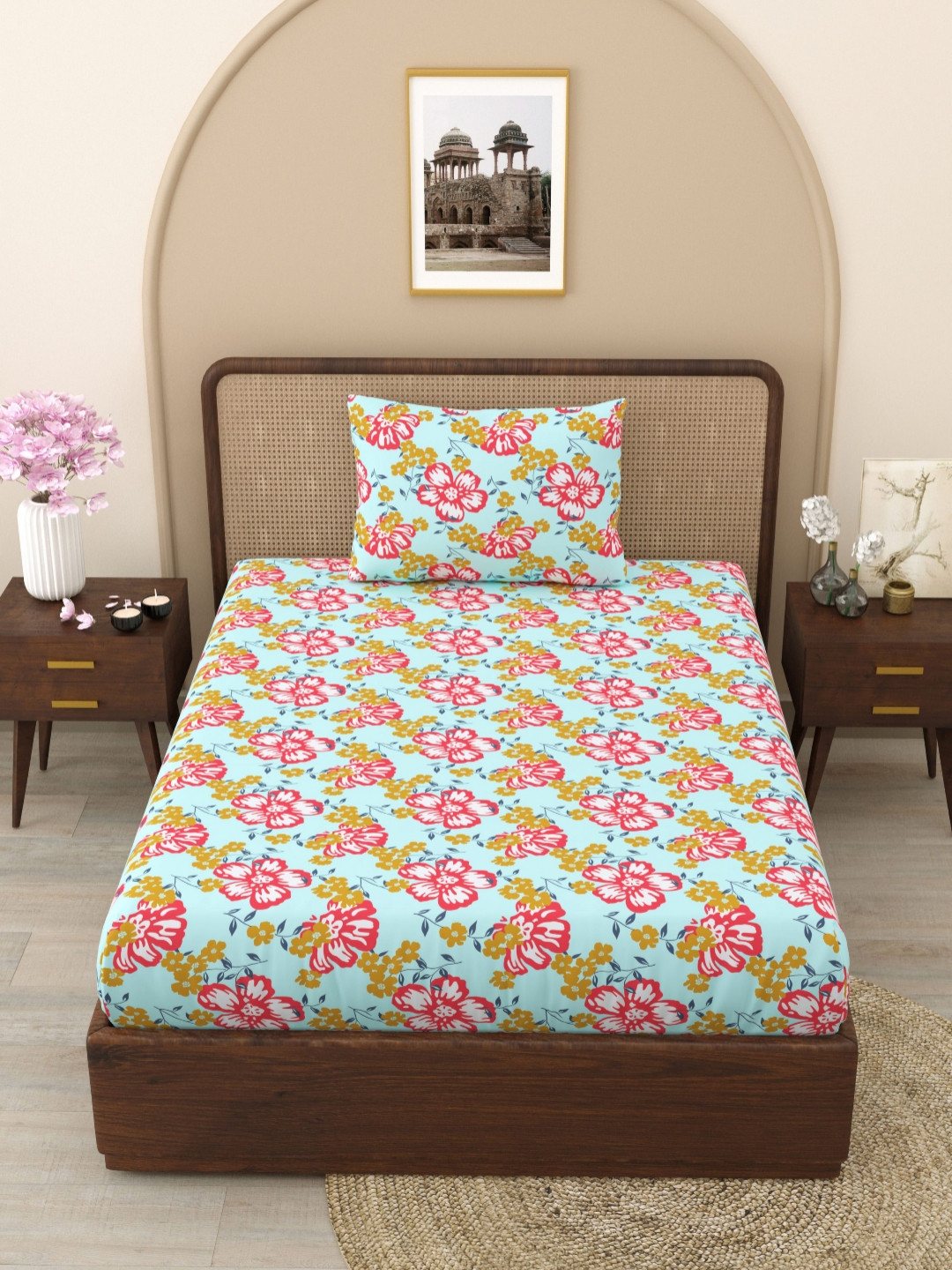 Ratan Cart Sea Green Floral Microfiber 130 TC Single Bedsheet with a Pillow Cover-90 x 55 inches