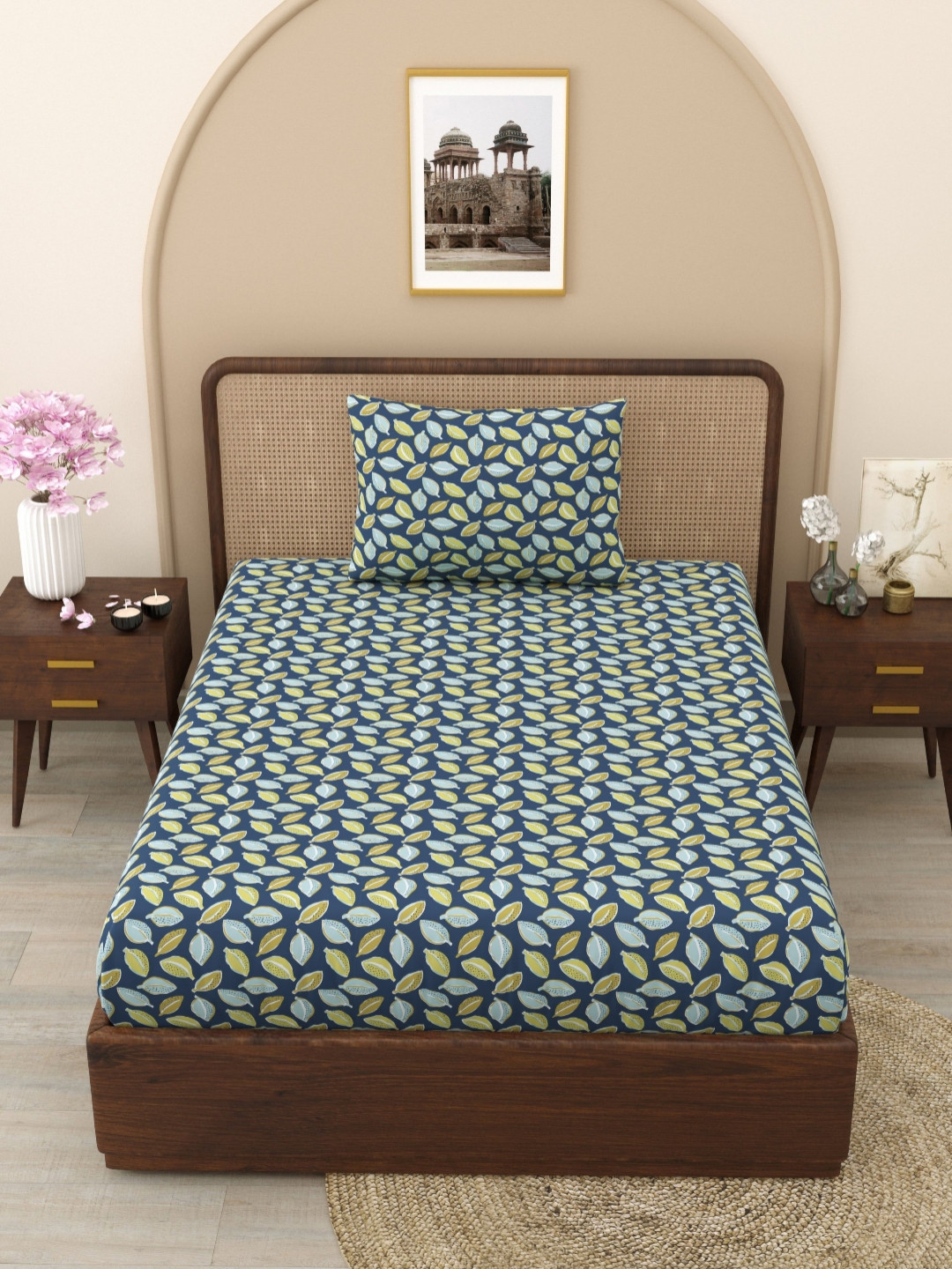 Ratan Cart Elliptic Navy Blue Floral Microfiber 130 TC Single Bedsheet with a Pillow Cover-90 x 55 inches