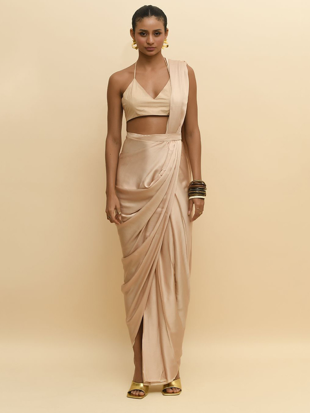 R.Y by Rishi and Vibhuti Solid Pre-Draped Ready to Wear Saree With Blouse