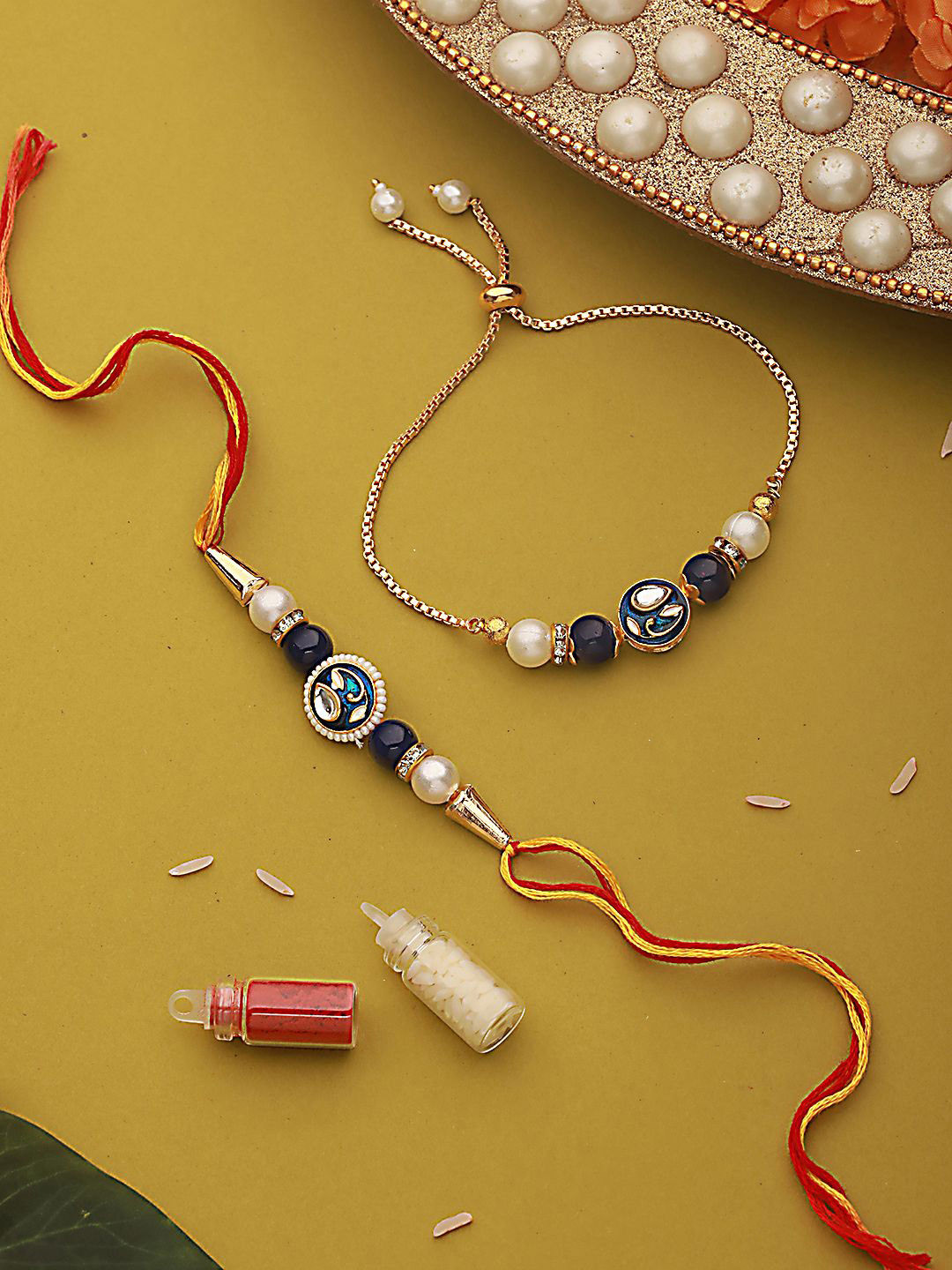 Jazz and Sizzle Kundan Studded & Pearl Beaded Bhaiya Bhabhi Chain Rakhi with Roli & Chawal