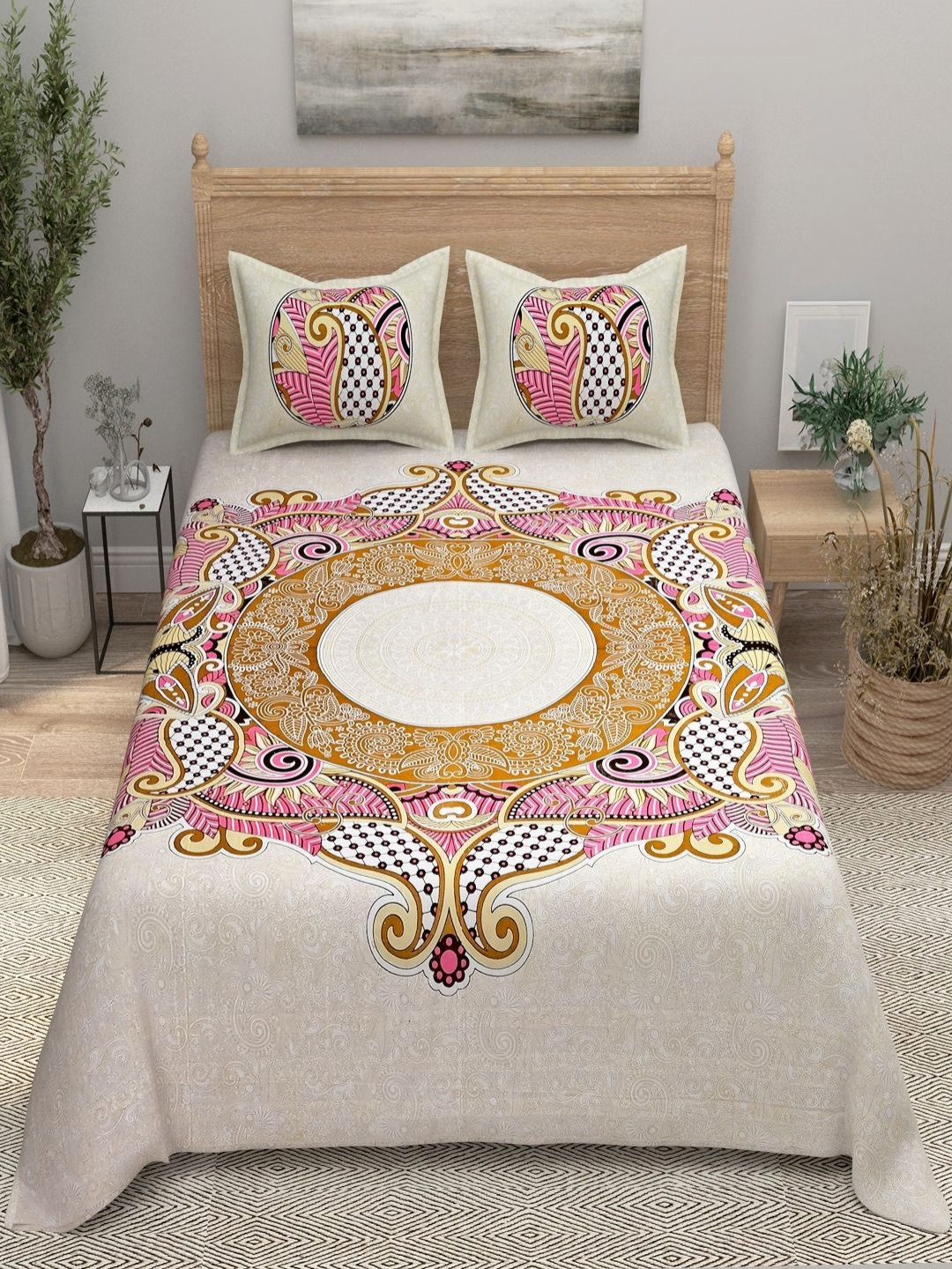 Aura Book Fold Pink Ethnic Motifs Pure Cotton 144 TC King Fine Bedsheet with 2 Pillow Covers-106 x 89 inches