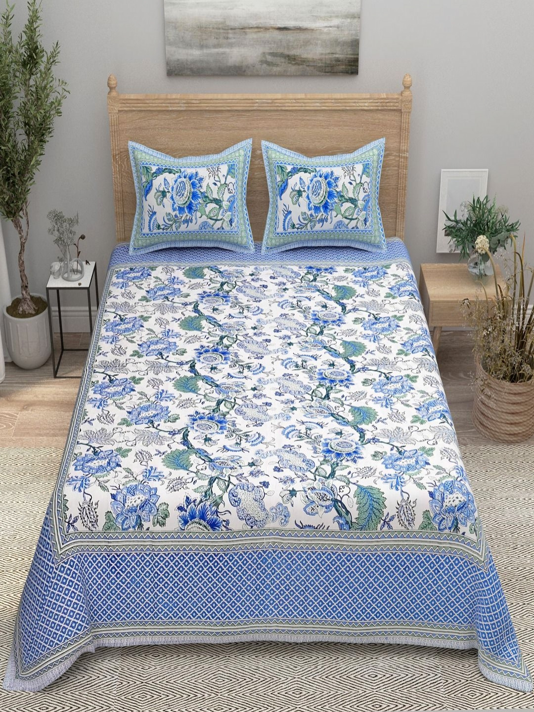 Aura Blue Floral Pure Cotton 144 TC King Fine Bedsheet with 2 Pillow Covers-106 x 128 inches