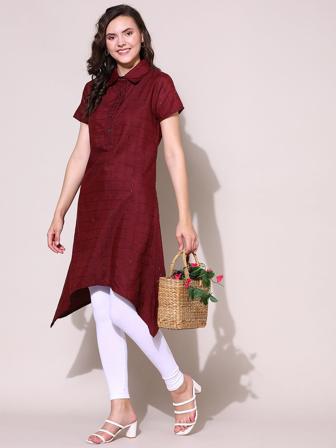 KALINI  Check Style Stylish Lurex Weave Designer Embroidered  Kurti for Women