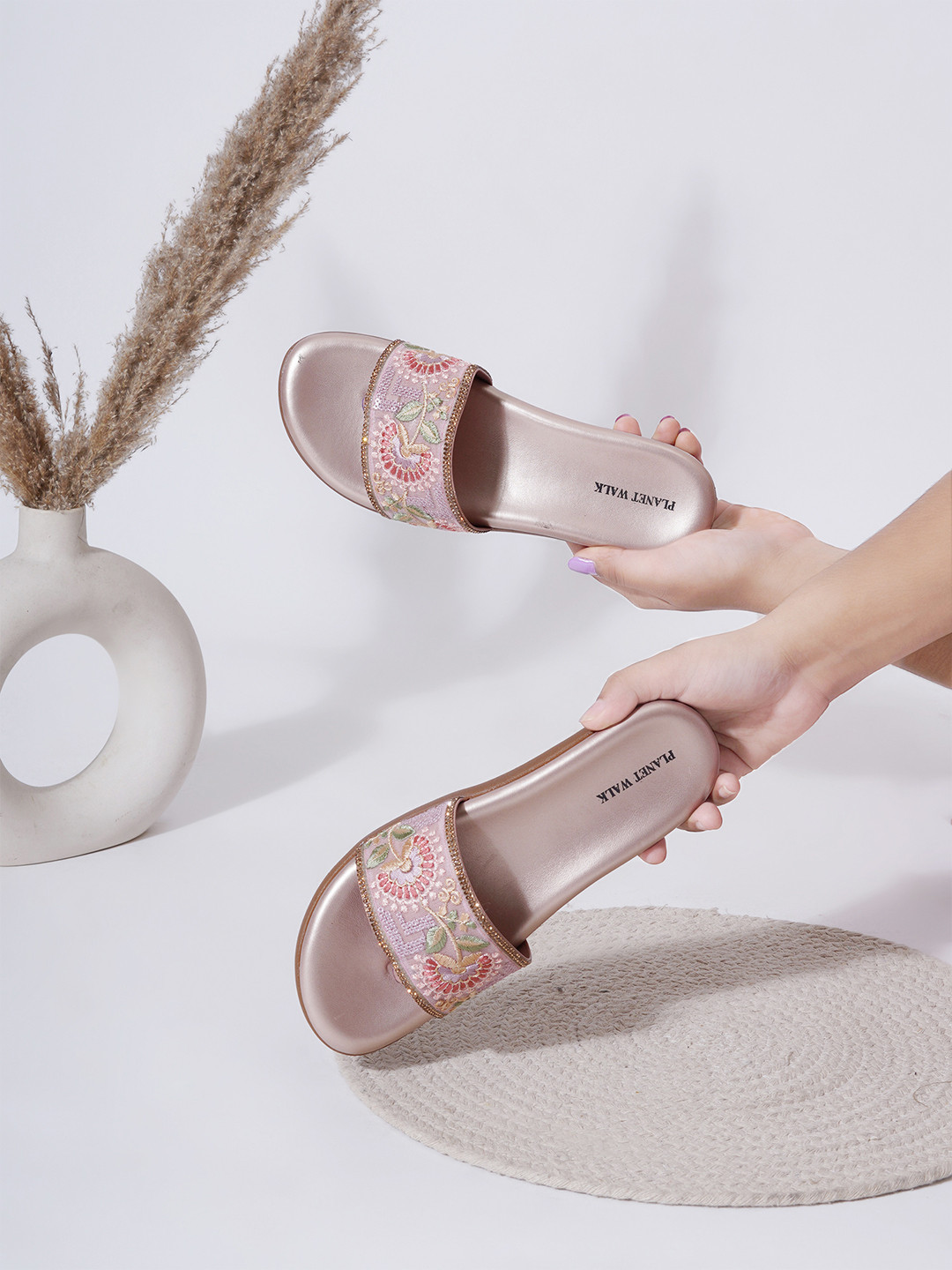 PLANET WALK Women  Pink Embellished Synthetic One Toe Flats with Buckles