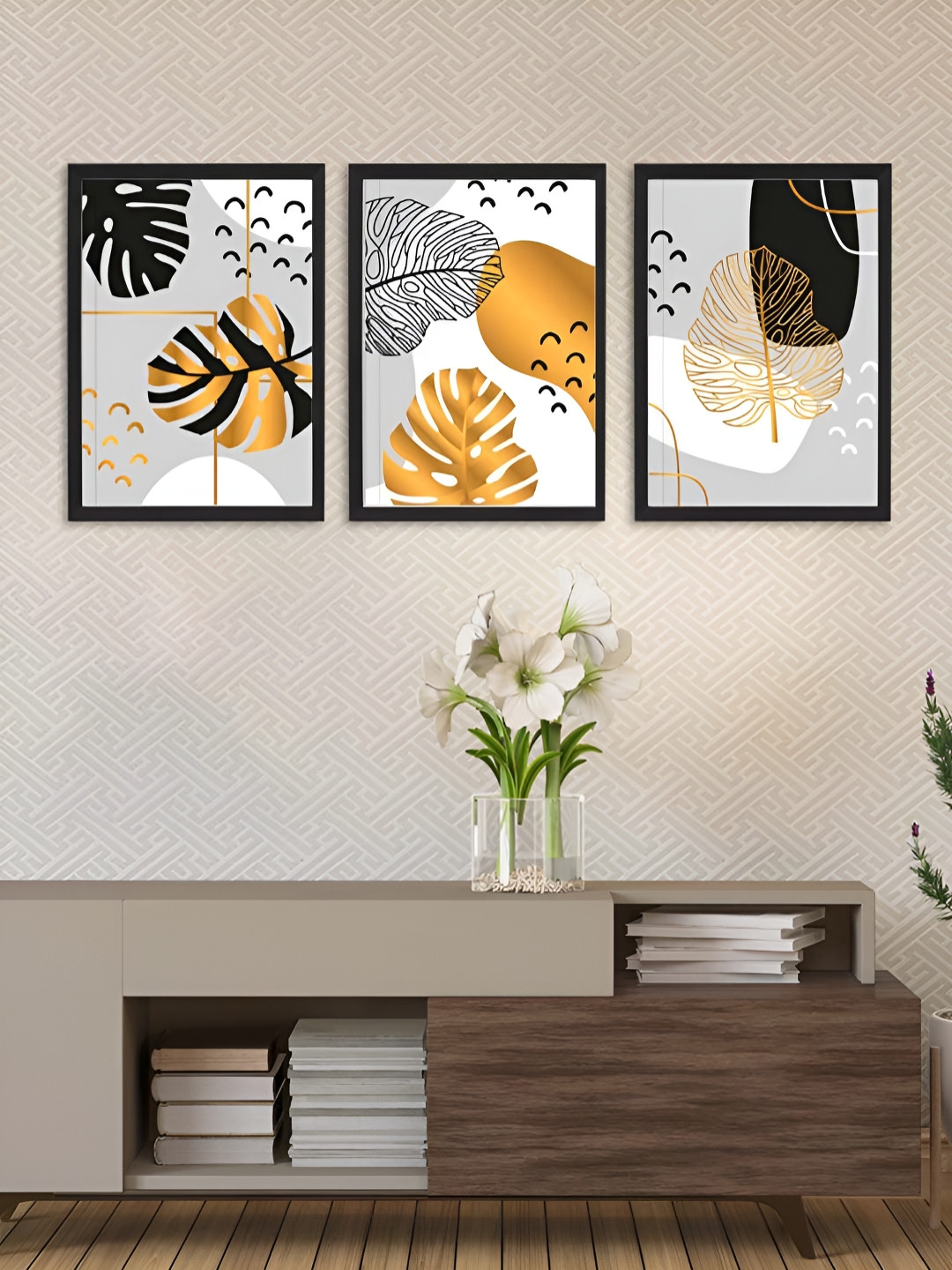 Giftii Golden leaf Wood 3 Piece Wall Rectangle Paintings Wall Art - 9 x 13In