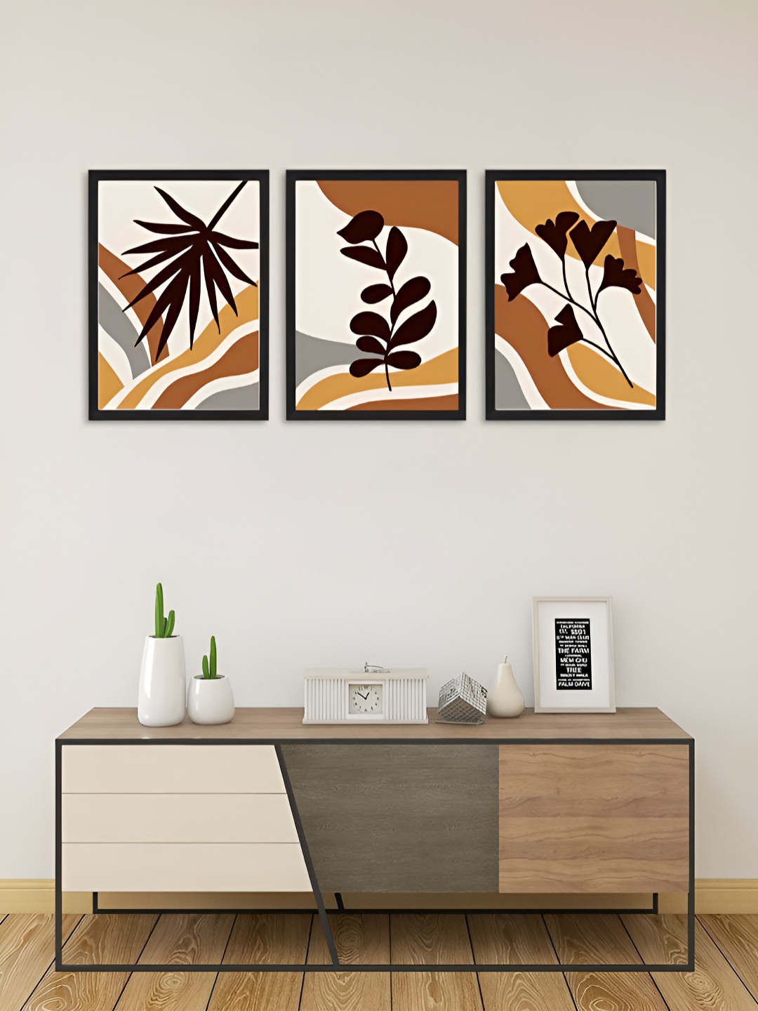 Giftii Beige Wood 3 Pcs Wall Living Room Rectangle Potrait Paintings Wall Art -13 x 9In