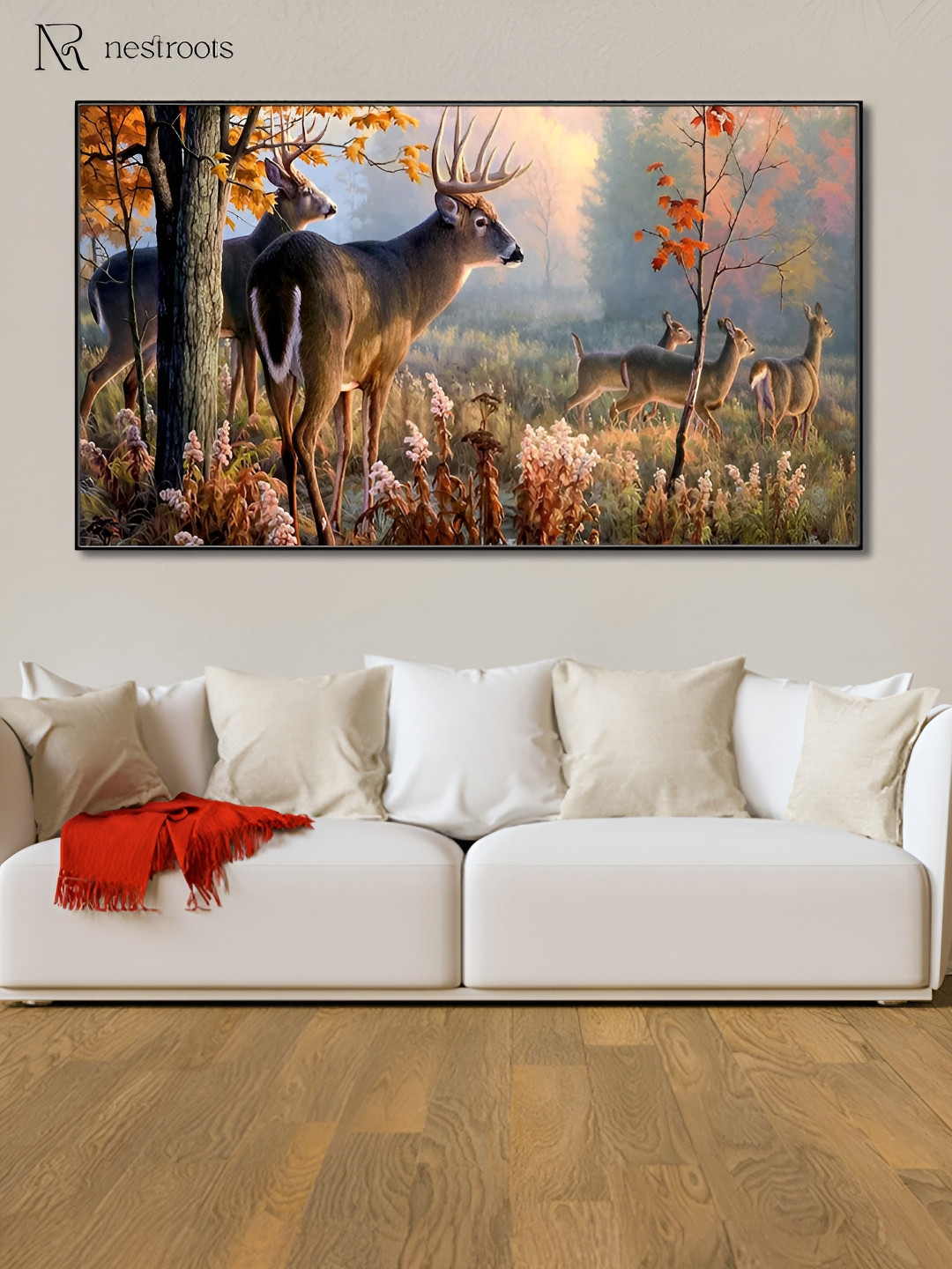 nestroots Red & Blue Serene Deer Canvas Framed Painting Wall Art