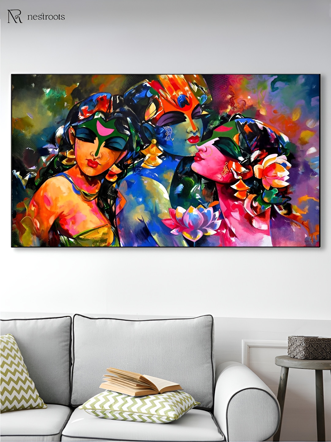 nestroots Pink & Orange Divine Krishna and Gopis Canvas Framed Painting Wall Art