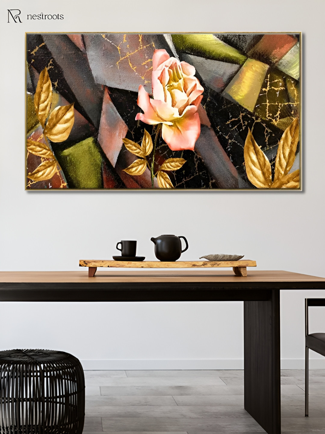 nestroots Black & Gold-Toned Elegant Red Rose Canvas Floral and Botanical Wall Art