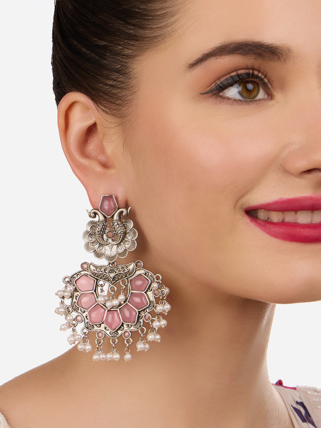 Zaveri Pearls Silver-Plated Peacock Shaped Stone Studded & Beaded Chandbalis