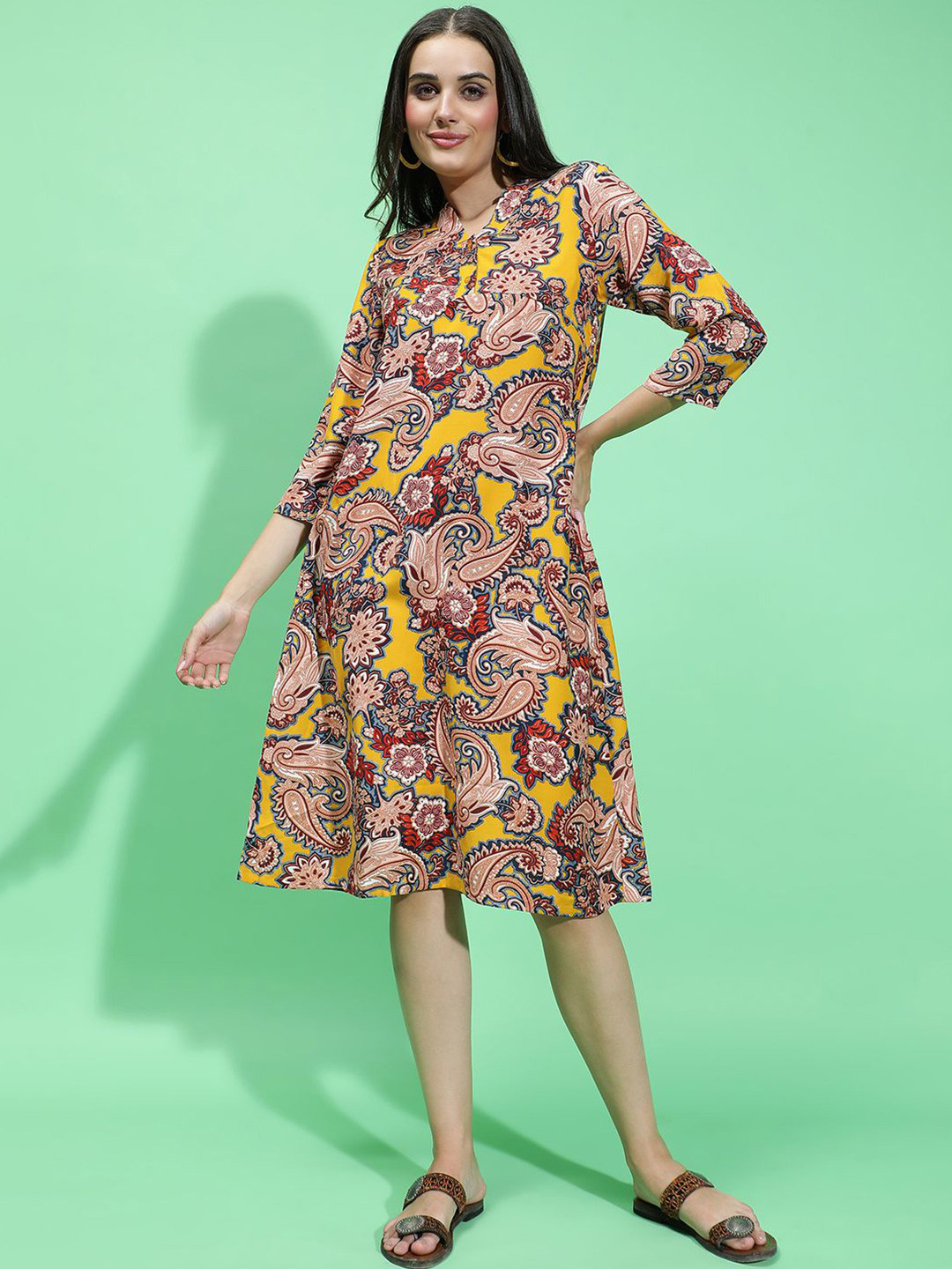 Oxolloxo Ethnic Motifs Printed V-Neck Long Sleeves A-Line Dress With Pocket