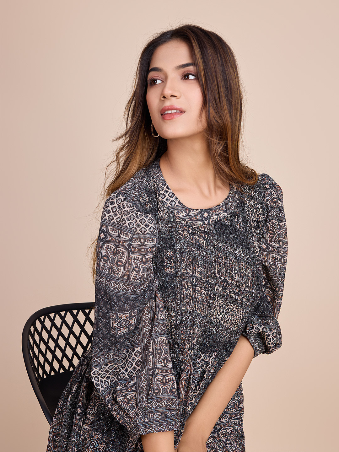 HOUSE OF MIRA Ethnic Motifs Print Puff Sleeve Maxi Fit and Flare Dress