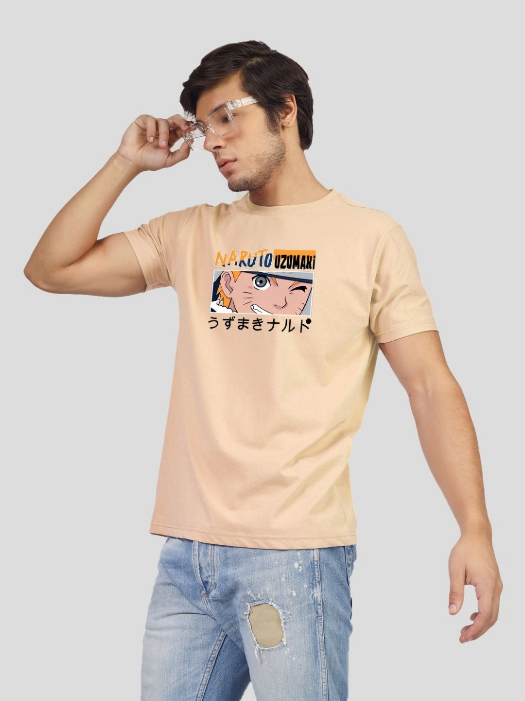 Greylongg Men Yorksteadd 2076 Pug Fawn Graphic Naruto Printed Round Neck T-shirt
