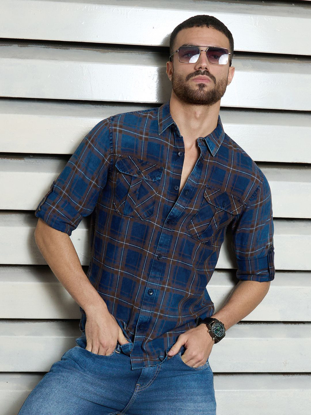 High Star Men regular fit Checked Casual indigo Shirt