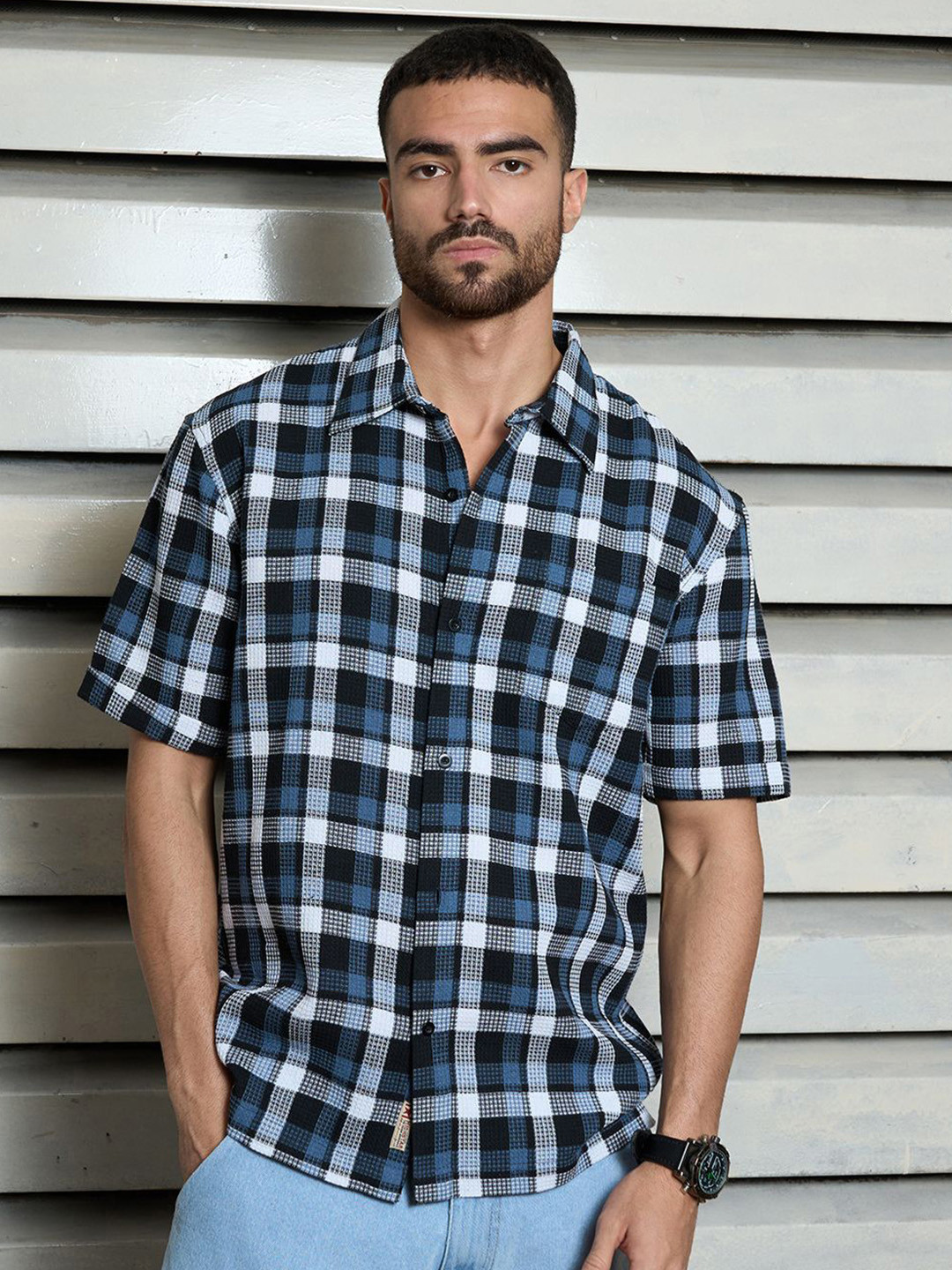 High Star Men Tartan Checks Opaque  Standard Casual Shirt