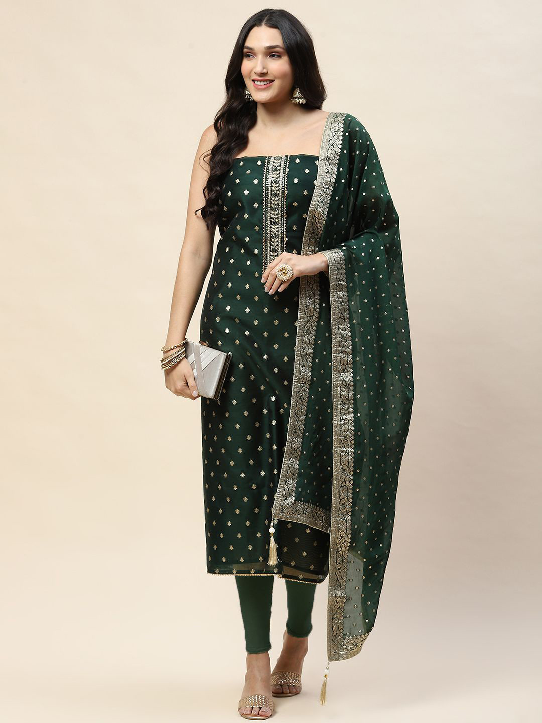 Meena Bazaar Ethnic Motifs Woven Design Zari Unstitched Dress Material