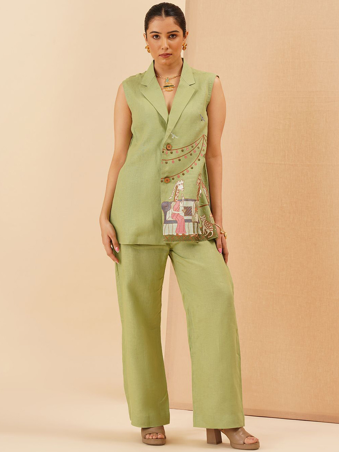 KALPRAAG Jungle Theme Embroidered Sleeveless Co Ord Set