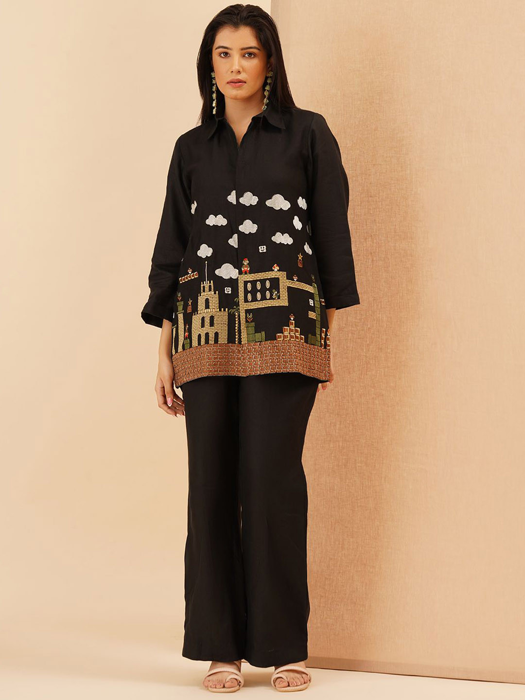 KALPRAAG Mario Theme Embroidered Zipper Shirt Co Ord Set
