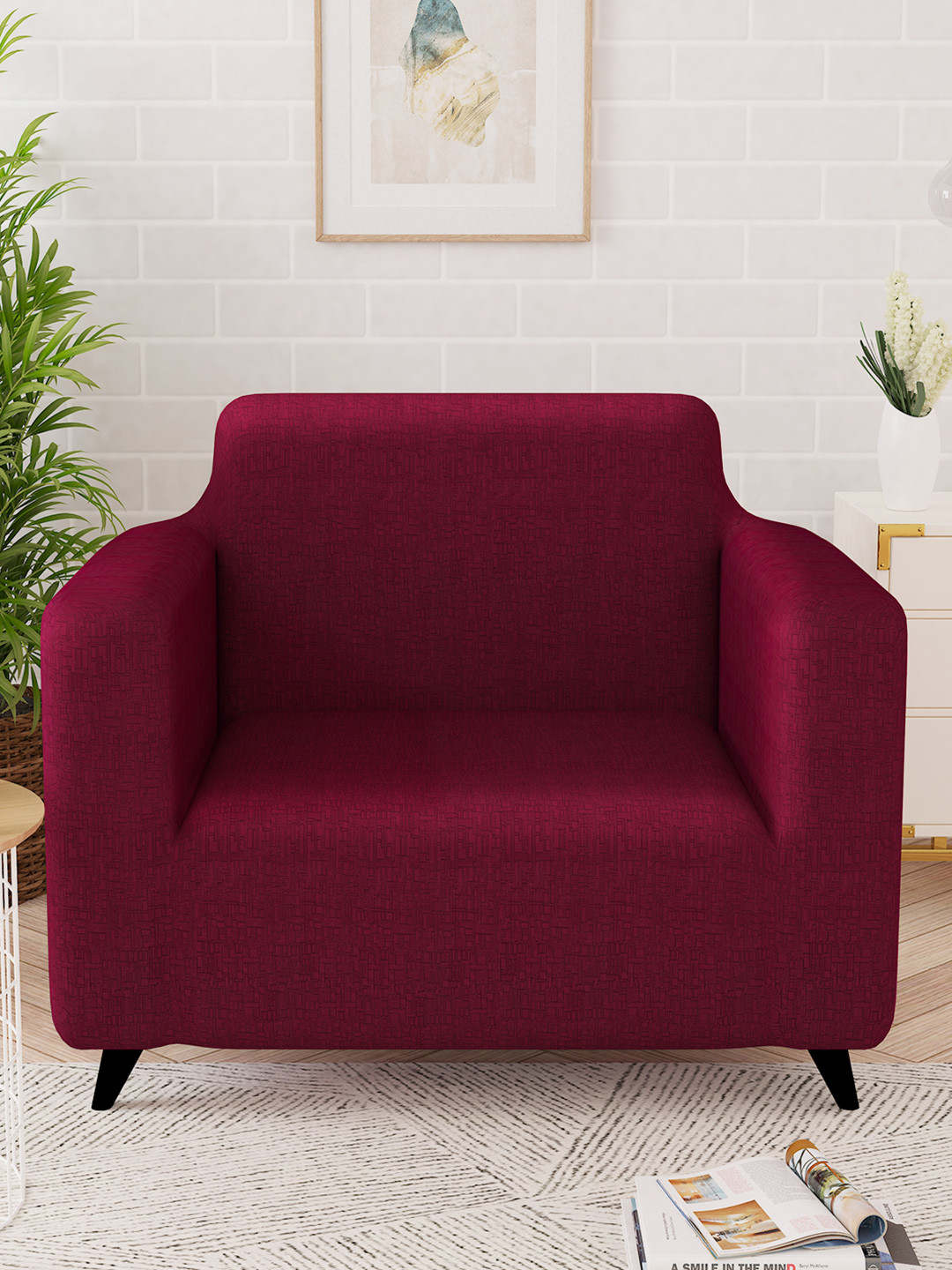Story@home Maroon Printed 1 Seater Stretchable Sofa Cover With Arms