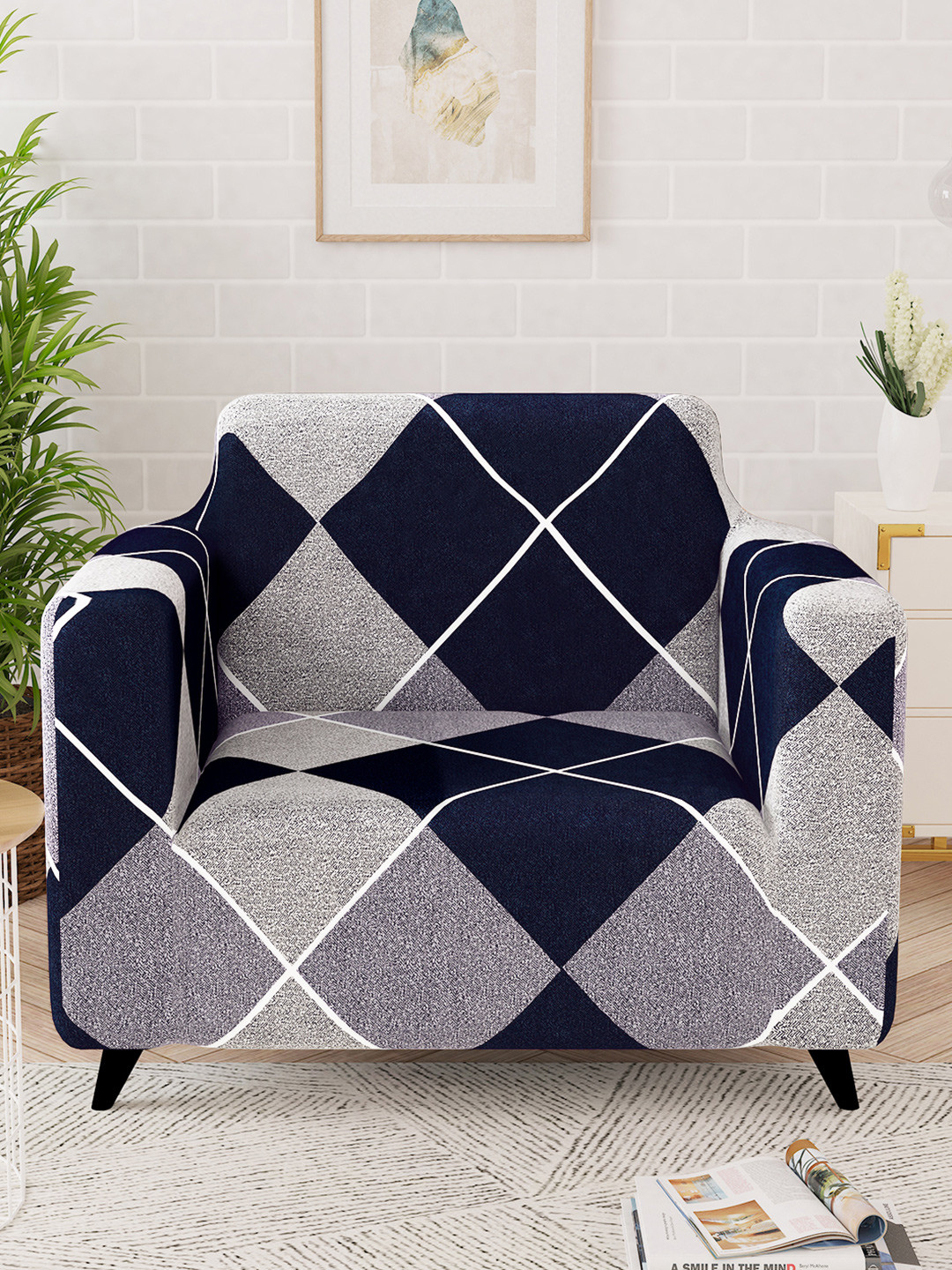 Story@home Navy Blue & Grey Printed 1 Seater Stretchable Sofa Cover With Arms