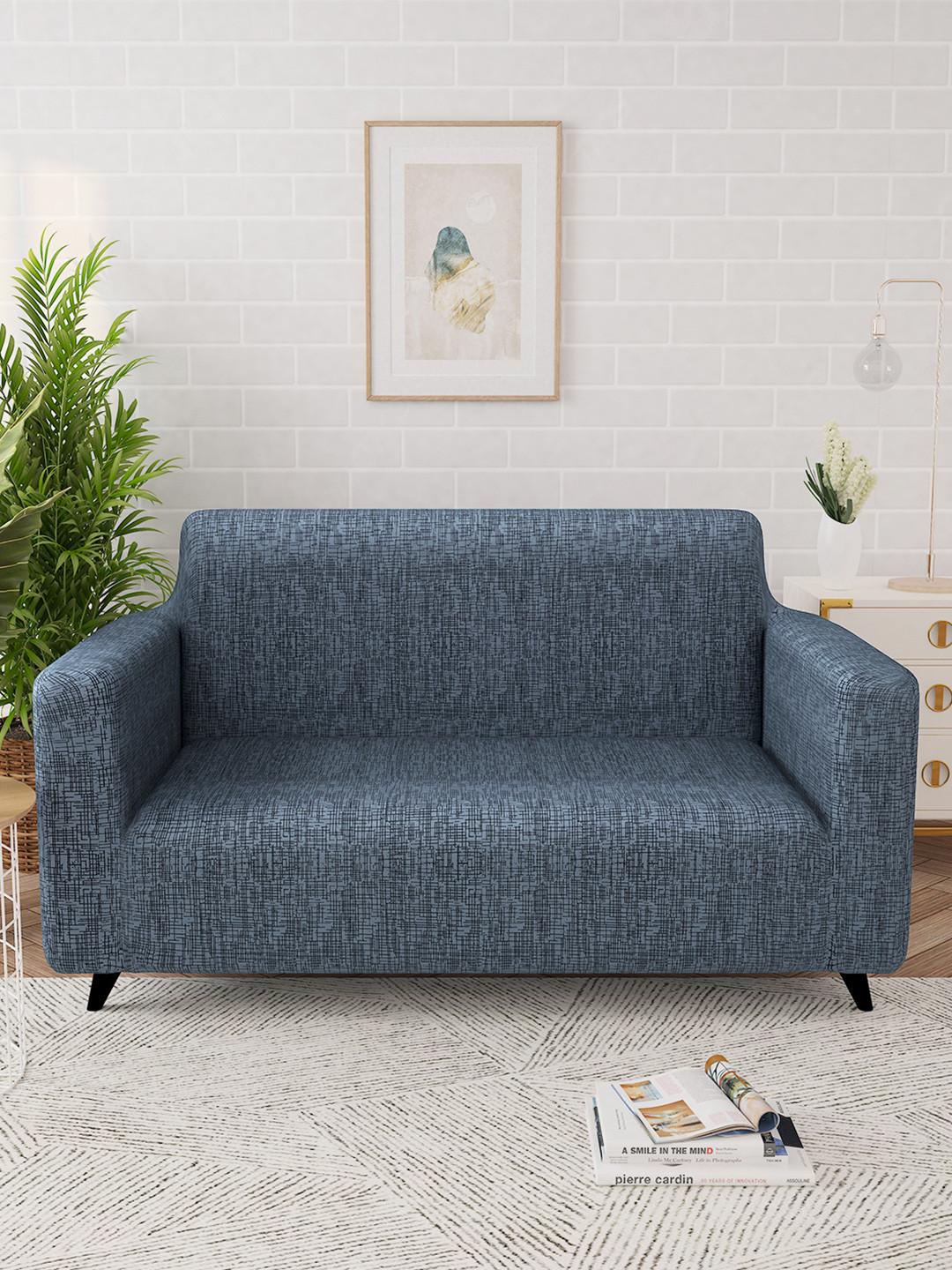 Story@home Grey & Black Printed 2 Seater Stretchable Sofa Cover With Arms