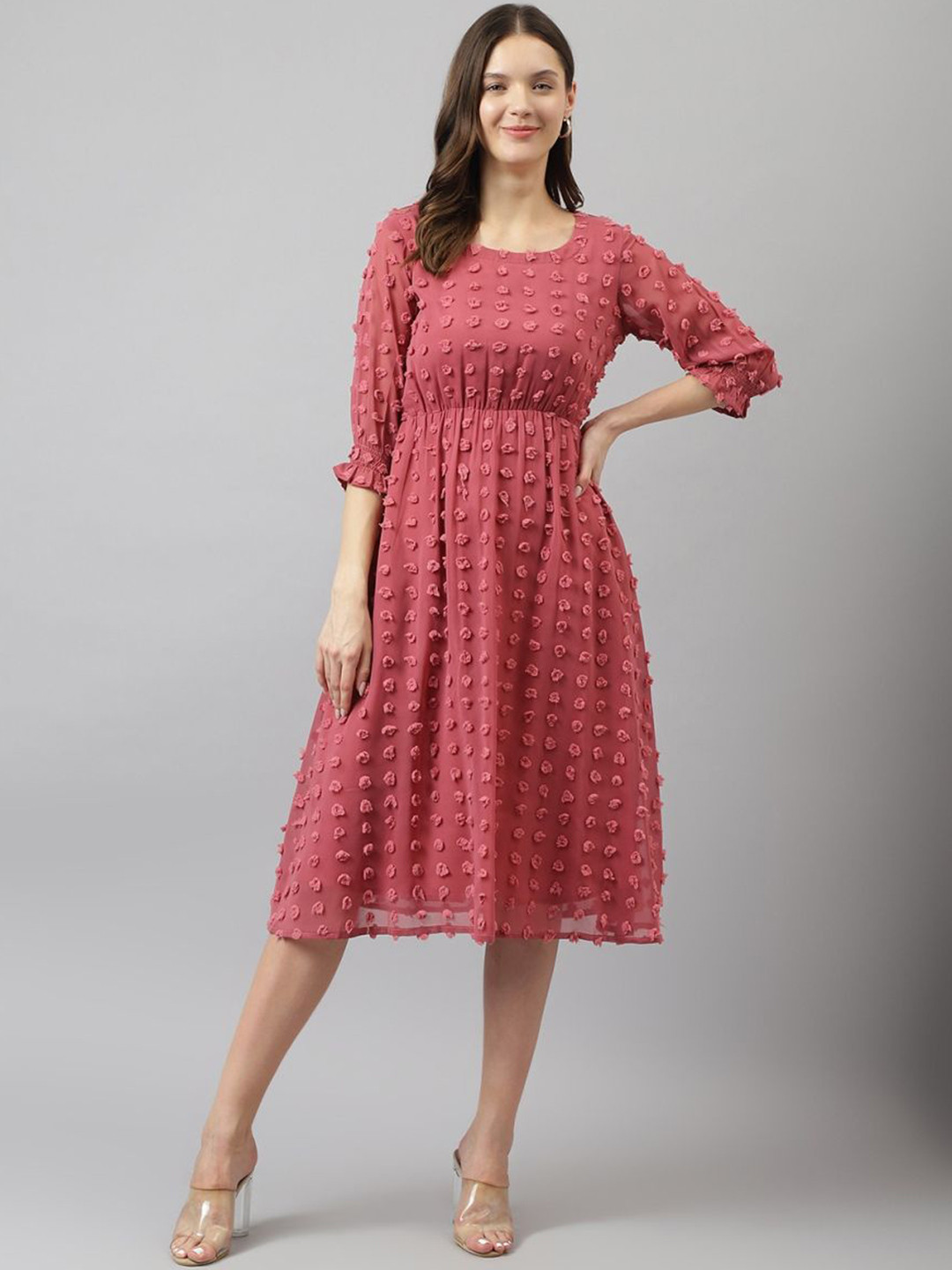 TOOCHKI Round Neck Smocked Fit & Flare Swiss Dot Pattern Midi Dress