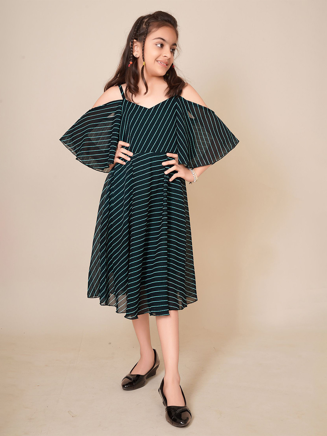 BAESD Striped Cape Sleeve Georgette Fit & Flare Midi Dress