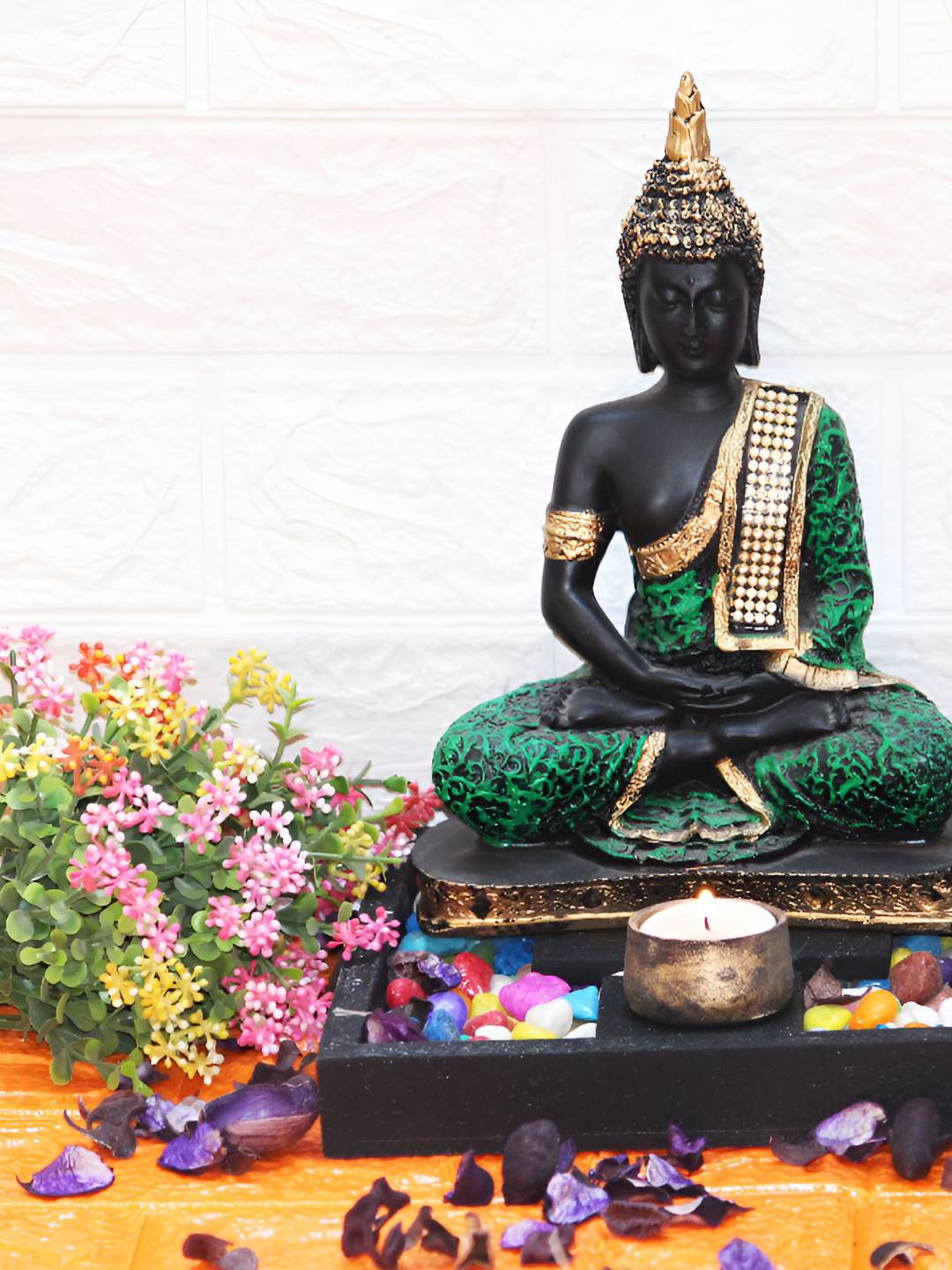 BECKON VENTURE Green Polyresin Natural Prayer Room Large Showpiece - 11.2 Inches