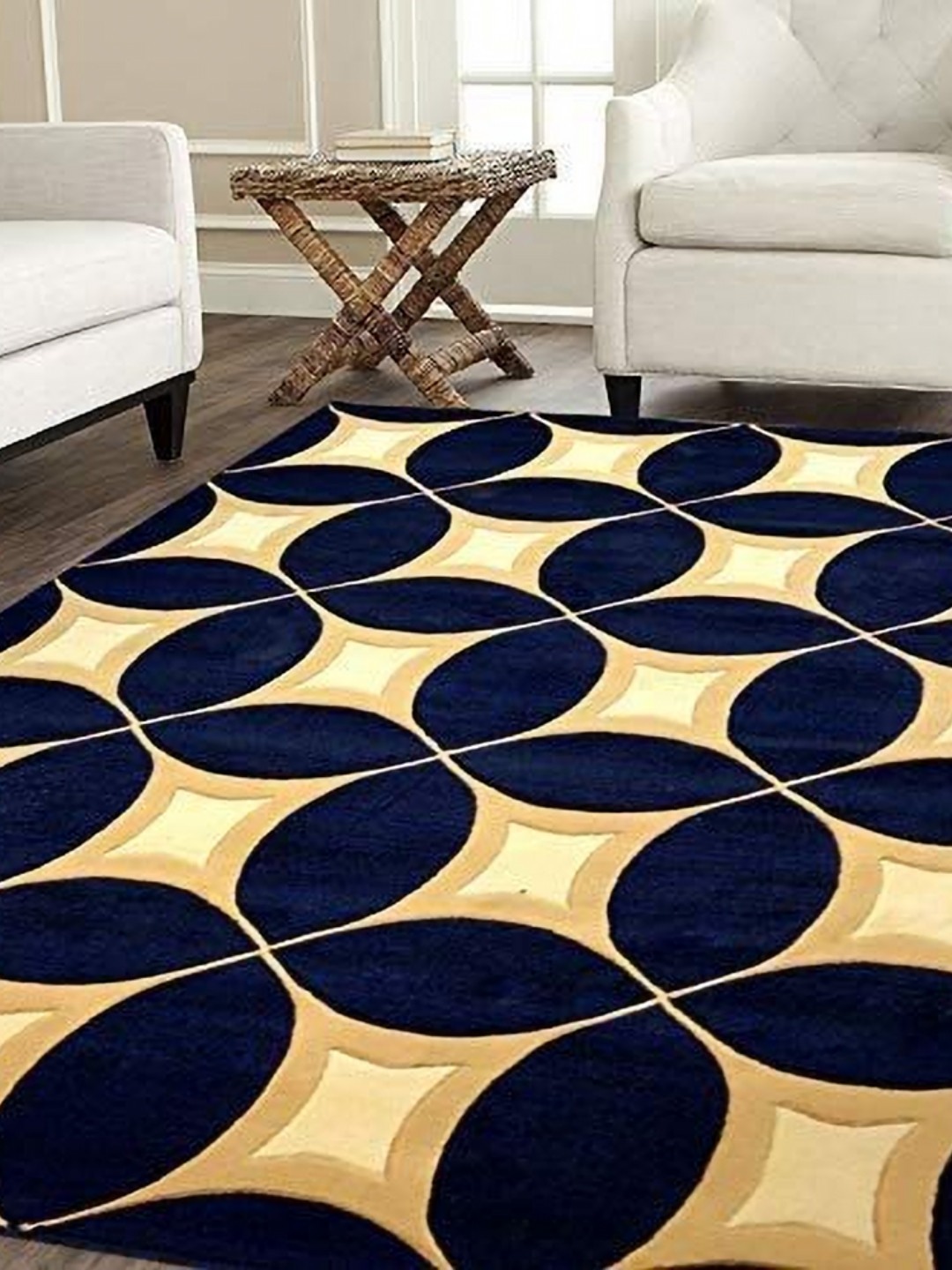 Safiya Carpet Navy Blue & Cream colured Geometric Anti-Skid Polypropylene Carpets