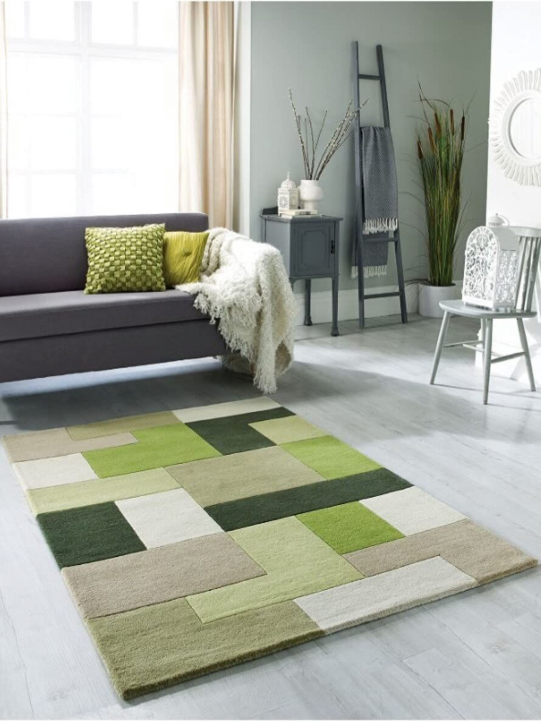 Safiya Carpet Green & Cream Geometric Hand Tufted Woollen Contemporary Carpet