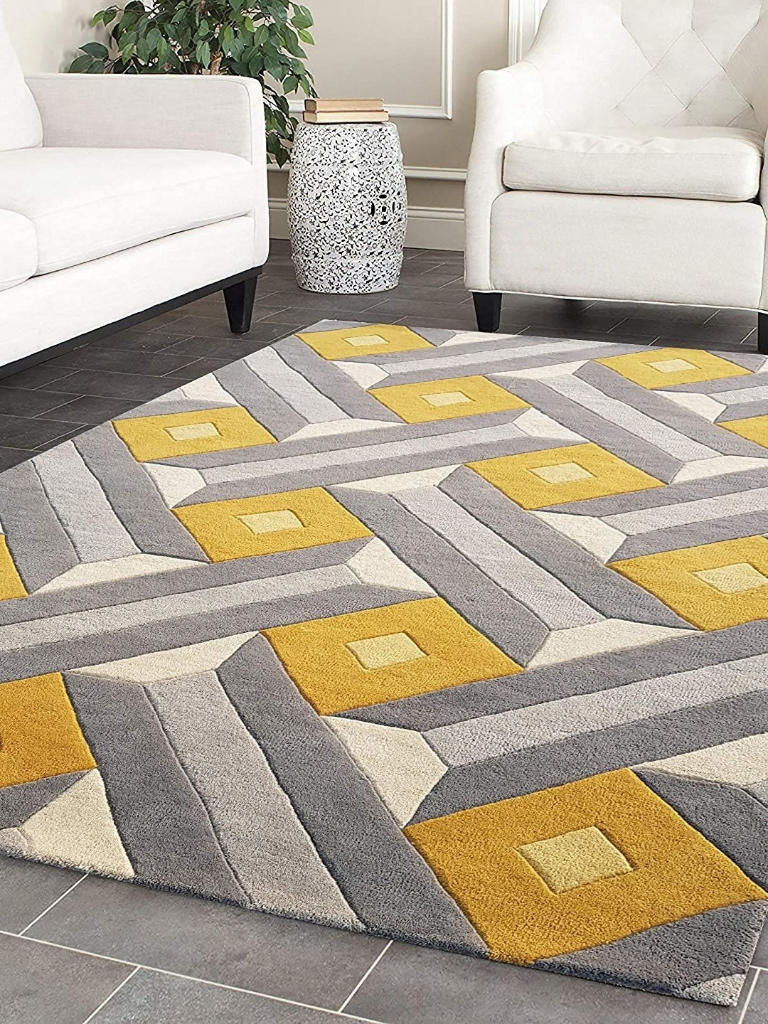 Safiya Carpet Yellow & Grey Geometric Woollen Carpet