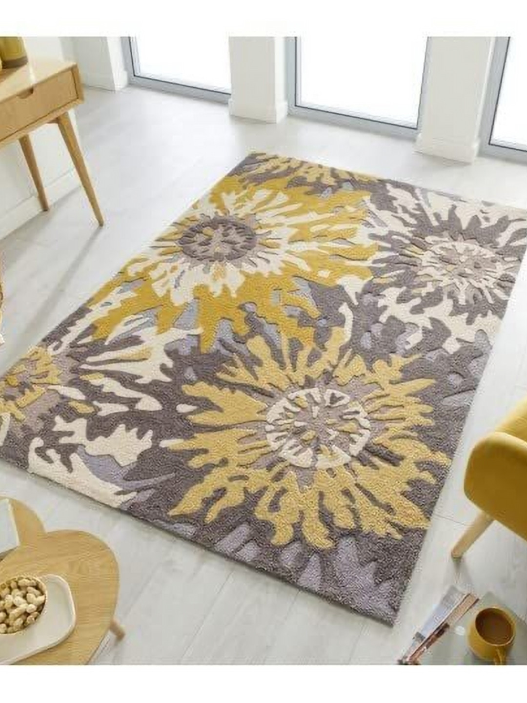 Safiya Carpet Grey & Yellow Abstract Hand-Tufted Woollen Traditional Carpet