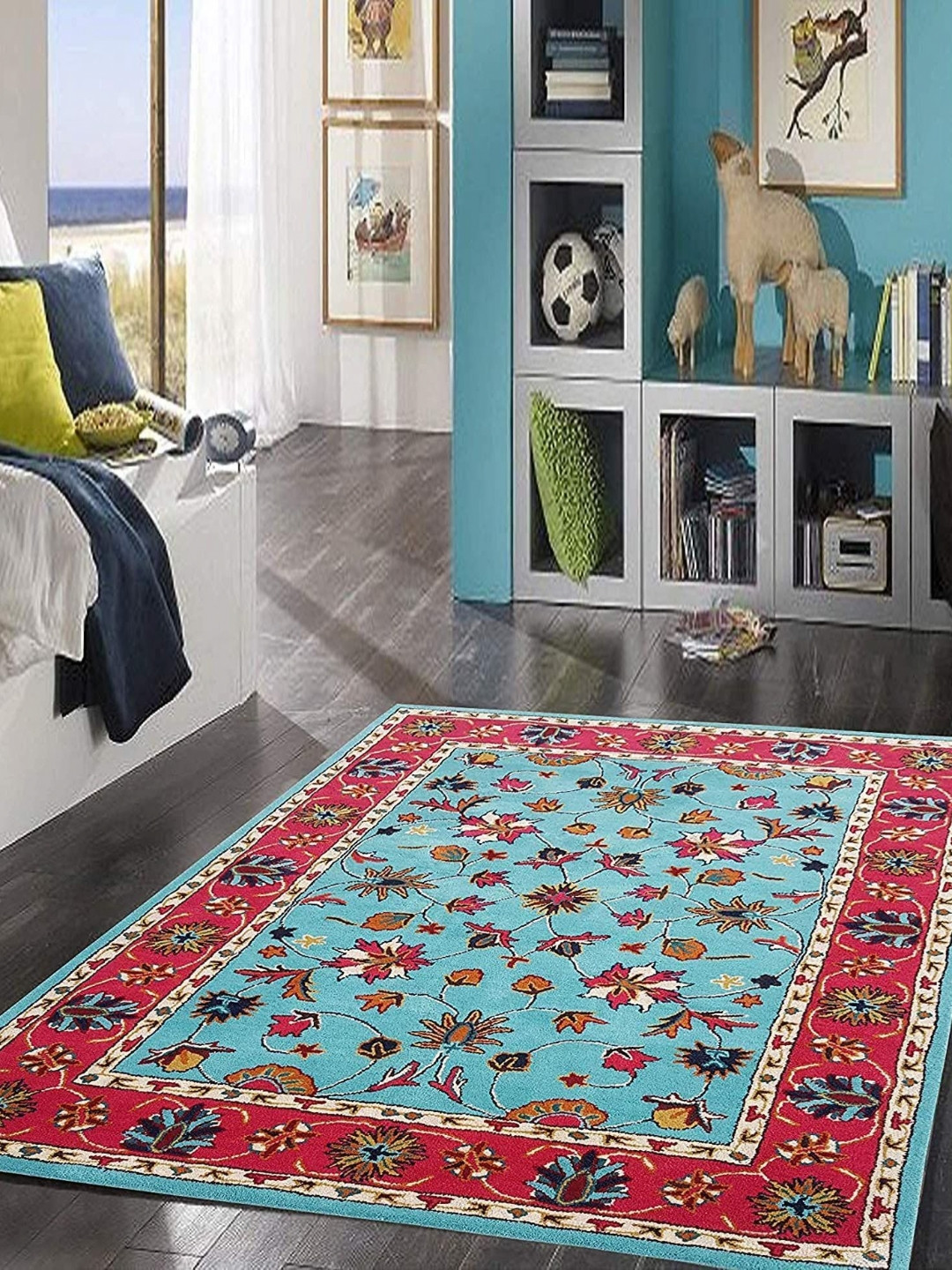 Safiya Carpet Blue & Red Floral Woollen Carpet