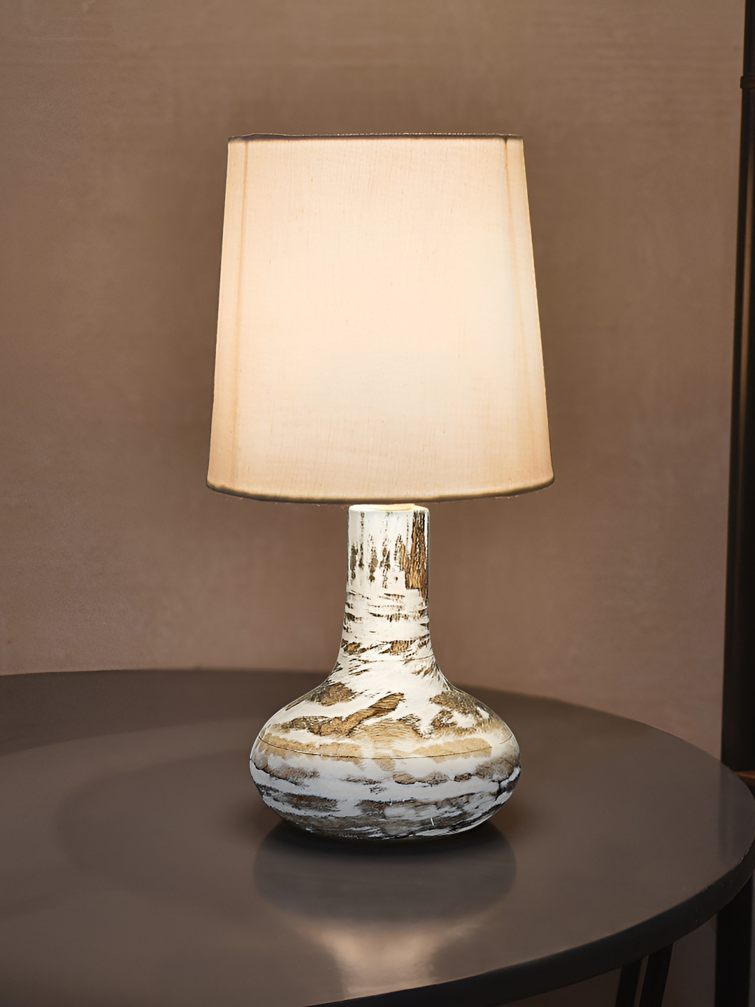 Homesake White & Brown Wooden Contemporary Cylindrical Shaped Table Lamp