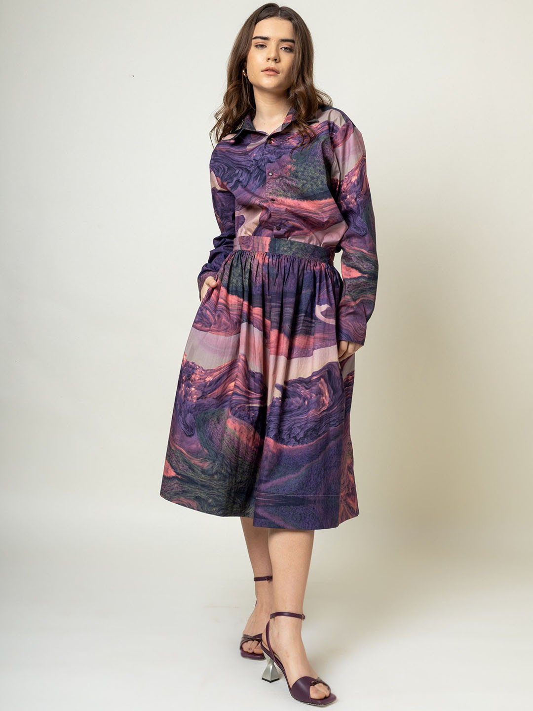 Doodlage Printed Gathering Flared Midi Skirt