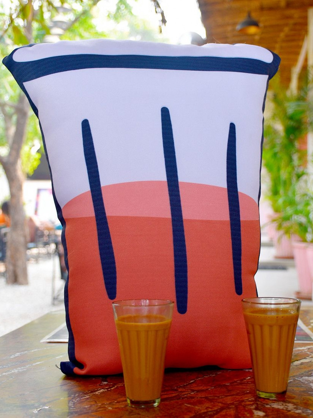 Indigifts White & Brown  Printed Fibre Filled Chai Shaped Cushion