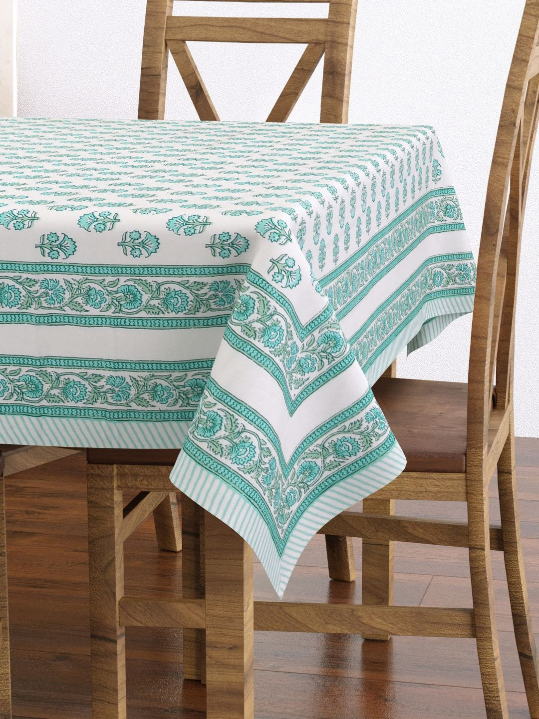 BLOCKS OF INDIA Blue Floral Cotton Rectangle 6-Seater Table Cover