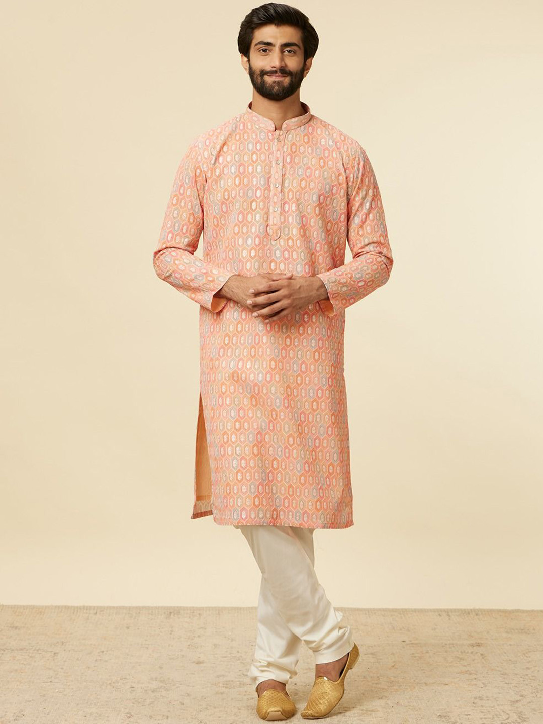 Twamev Geometric Printed Mandarin Collar Georgette Straight Kurta With Churidar
