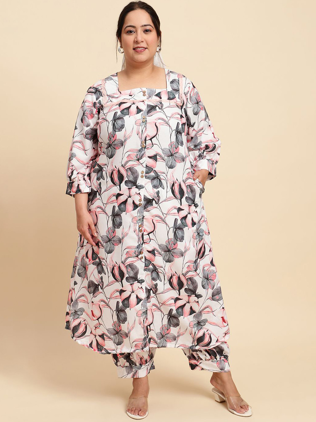 Sringam Plus Size Floral Printed Square Neck Pure Cotton Tunic With Trousers