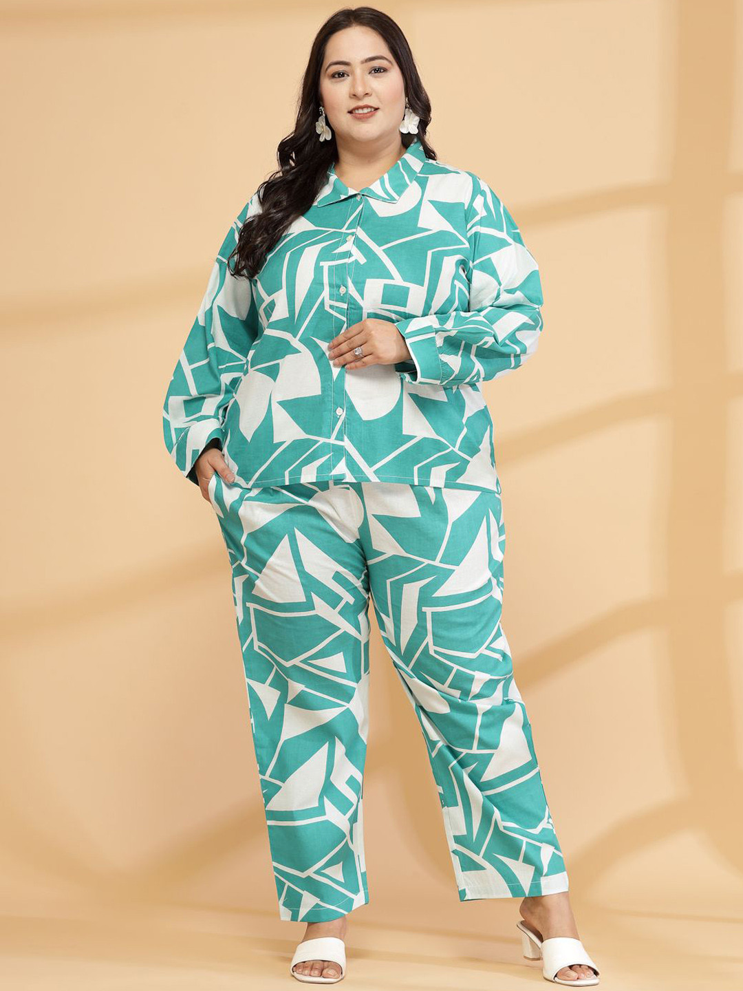 Sringam Plus Size Geometric Printed Pure Cotton Shirt With Trousers