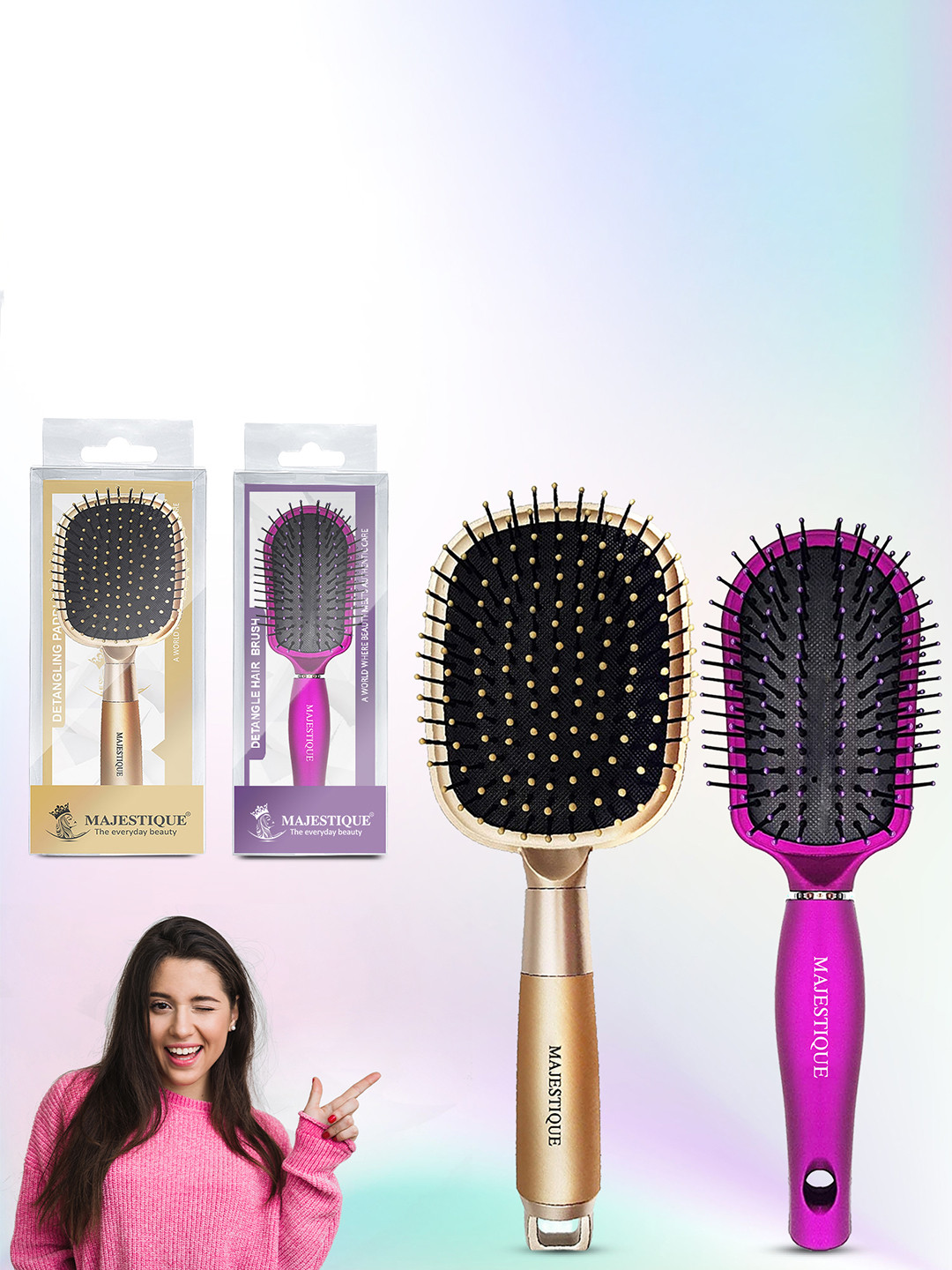 MAJESTIQUE Set Of 2 Detangling Paddle Brush With Round Blow Dry Brush
