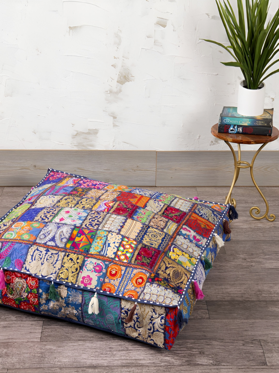HANDICRAFT PALACE Blue Embroidered Square Cotton Floor Cushion