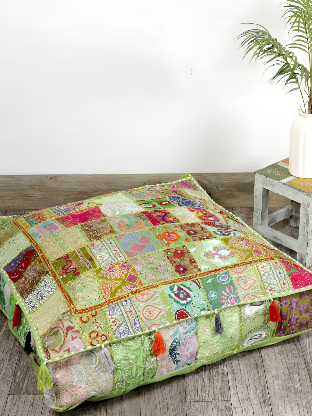 HANDICRAFT PALACE Green Embroidered Square Cotton Floor Cushion