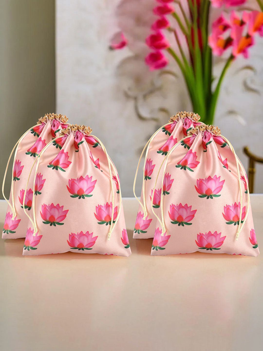 Kuber Industries Set of 4 Lotus Printed Potli Bags